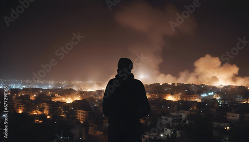 Silhouette of a man standing in the middle of the city at night