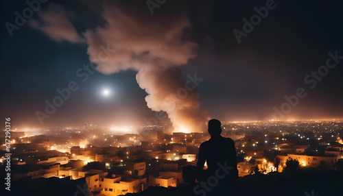 Man standing on top of hill and looking at city at night.