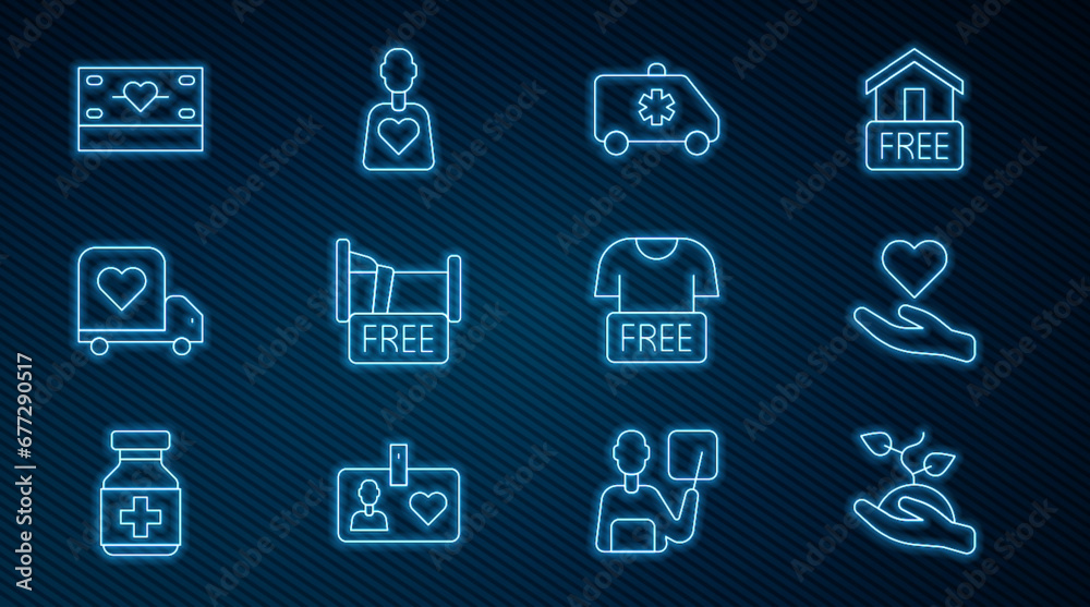 Set line Volunteer team planting trees, Heart hand, Emergency car, Free overnight stay house, Delivery truck with heart, Donation charity, Clothes donation and icon. Vector
