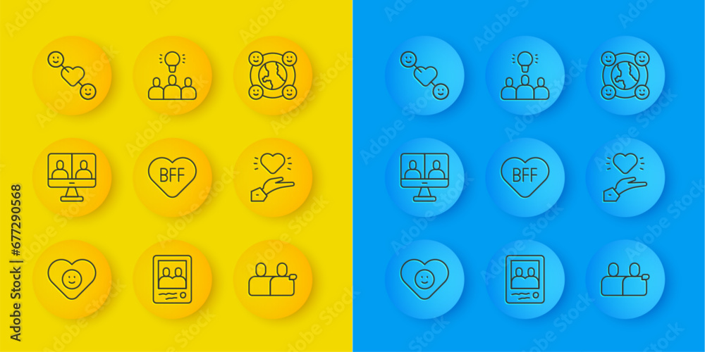 Set line Good relationship, Video chat conference, BFF or best friends forever, Pleasant, Romantic, International community and Project team base icon. Vector Set line Good relationship, Video chat conference, BFF or best friends forever, Pleasant, Romantic, International community and Project team base icon. Vector