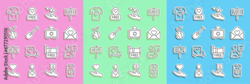 Set line Donation and charity, Teacher, Envelope with Valentine heart, Volunteer team planting trees, Shovel, Clothes donation and First aid kit icon. Vector