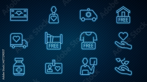 Set line Volunteer team planting trees, Heart hand, Emergency car, Free overnight stay house, Delivery truck with heart, Donation charity, Clothes donation and icon. Vector