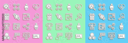 Set line Selfie on mobile, Add to friend, Happy friendship day, Loss of, BFF or best forever, Gift box, Magnifying glass search and Video chat conference icon. Vector