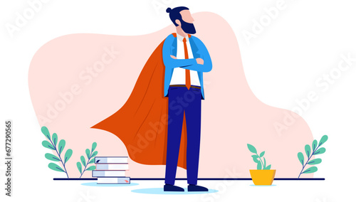 Business superhero standing - Businessman in red cape standing proud with folded arms. Business hero concept in flat design vector illustration with white background