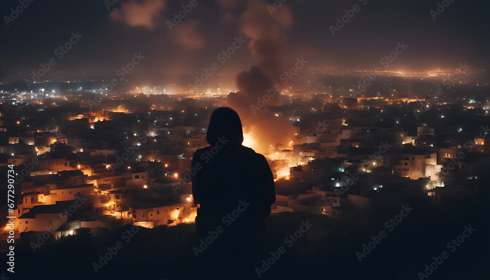 Silhouette of a man with smoke coming out of the city at night.