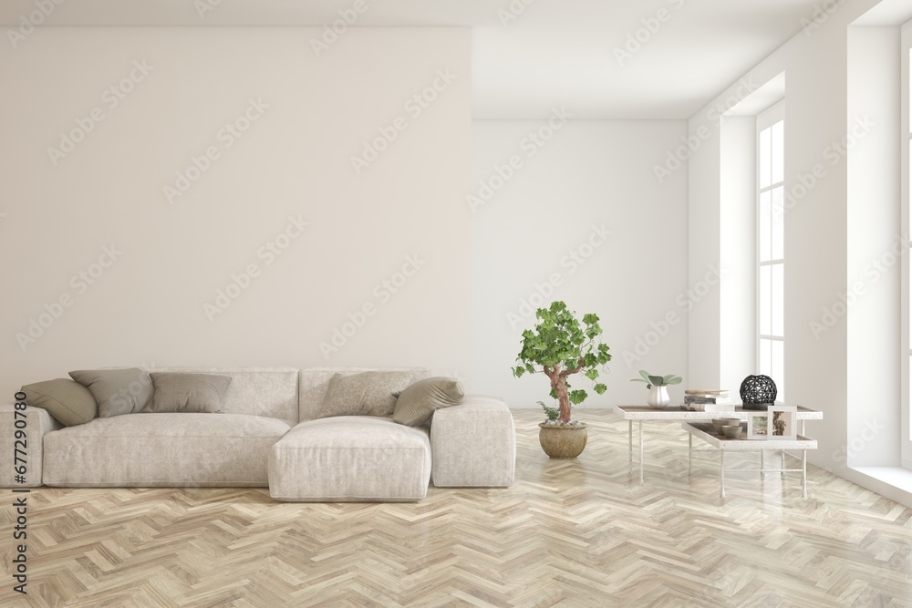Fototapeta premium White living room with sofa. Scandinavian interior design. 3D illustration