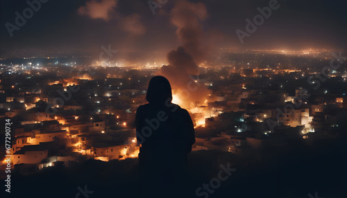 Silhouette of a man with smoke coming out of the city at night.