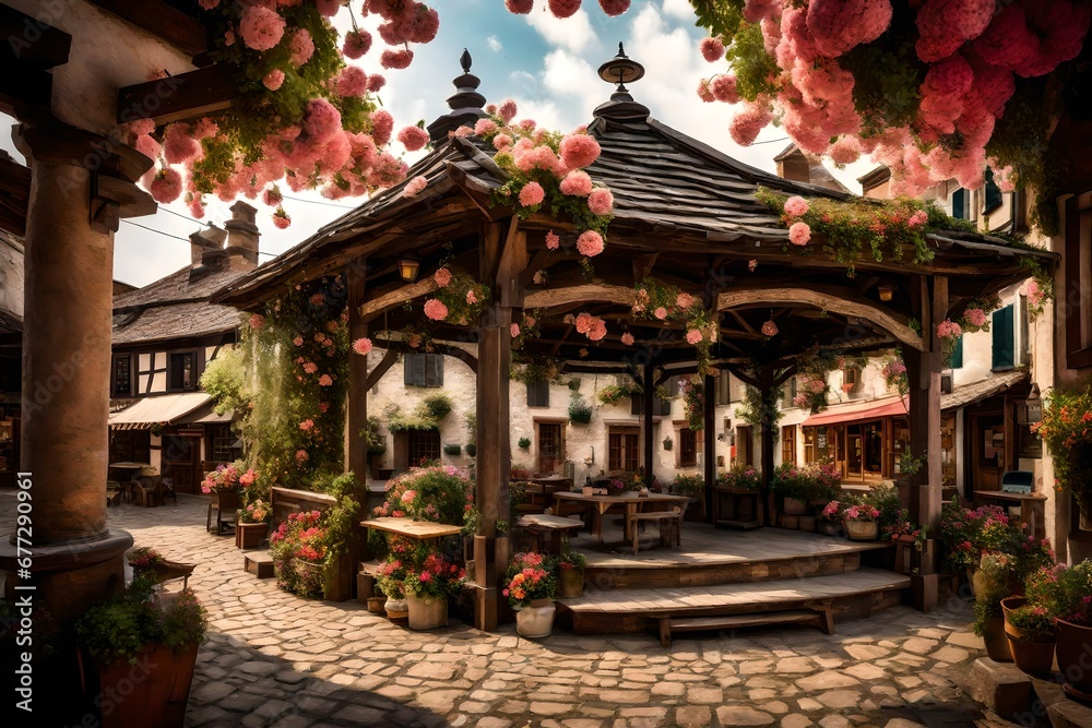 A rustic village square, featuring a weathered gazebo adorned with hanging flowers and surrounded by historic buildings.