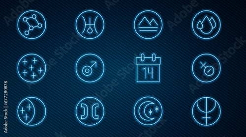 Set line Neptune planet, Venus symbol, Earth element, Mars, Full moon, Great Bear constellation, Calendar and Symbol Uranus icon. Vector