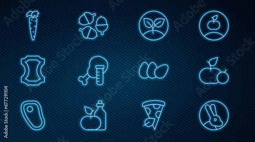 Set line Rabbit, Apple, Sprout, Genetically modified chicken, Leather, Carrot, Chicken egg and Acorn icon. Vector
