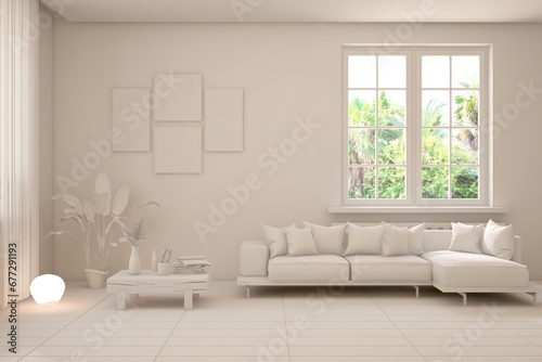 Grey living room concept with sofa and summer landscape in window. Scandinavian interior design. 3D illustration