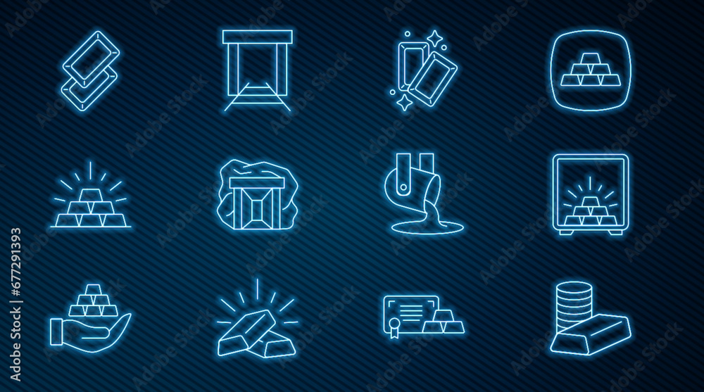 Set line Gold coin with gold bars, Safe, mine, Molten being poured and icon. Vector Set line Gold coin with gold bars, Safe, mine, Molten being poured and icon. Vector