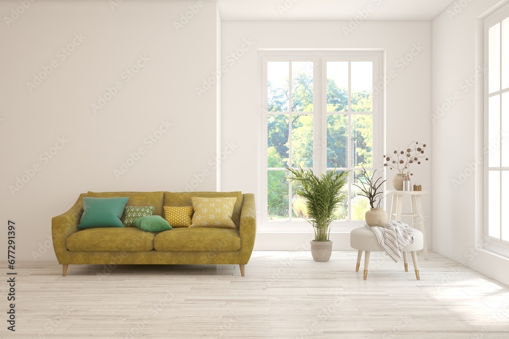 Bright interior design with modern furniture and summer landscape in window. 3D illustration Bright interior design with modern furniture and summer landscape in window. 3D illustration