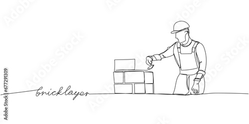 Bricklayer, building, building walls one line art. Continuous line drawing of repair, professional, hand, people, concept, support, maintenance with inscription, lettering, handwritten.