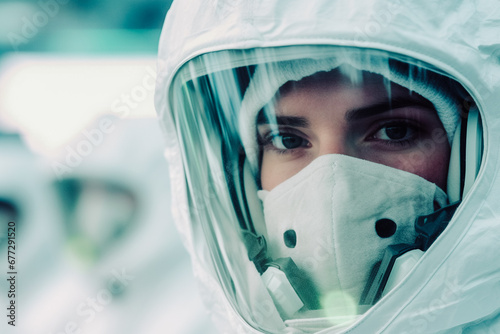 Scientifique avec un masque et un casque de protection pour éviter toute contamination
