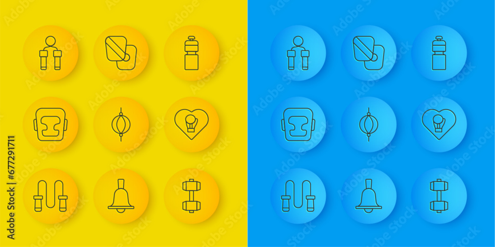 Set line Jump rope, Boxing helmet, Punching bag, Dumbbell, glove, Fitness shaker and training paws icon. Vector Set line Jump rope, Boxing helmet, Punching bag, Dumbbell, glove, Fitness shaker and training paws icon. Vector