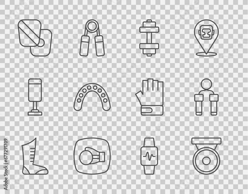 Set line Sport boxing shoes, Boxing gong, Dumbbell, glove, training paws, Mouth guard boxer, Smart watch with heart and Jump rope icon. Vector