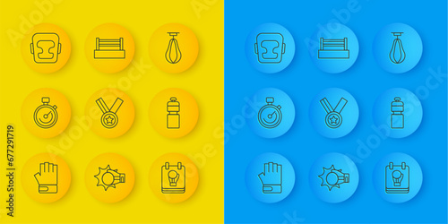 Set line MMA glove, Stopwatch, Medal, Boxing, Fitness shaker, helmet, Punching bag and ring icon. Vector