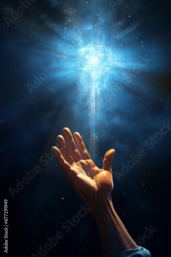 hand of the person reaching the magic bright lights in a dark blue space