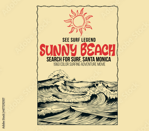 sunny beach poster illustration, line water waves vector, Vector sea waves hand sketch, Hand drawn waves illustration with sunset