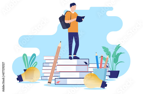 Education concept vector - Illustration of male student standing on stack of books reading and studying on school work project and homework. Flat design vector illustration with white background