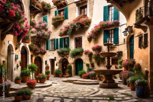 A traditional village square  featuring a charming fountain surrounded by historic buildings with flower-filled balconies.