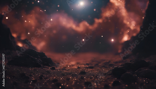 Fantasy landscape. Mountain meadow at night with moon and stars. 3d illustration