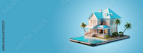 beautiful paradise villa on device screen on blue background, generative ai