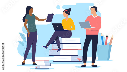 Students doing school work - Team of three people with laptops and book reading and working and studying on education project together. Flat design vector illustration with white background
