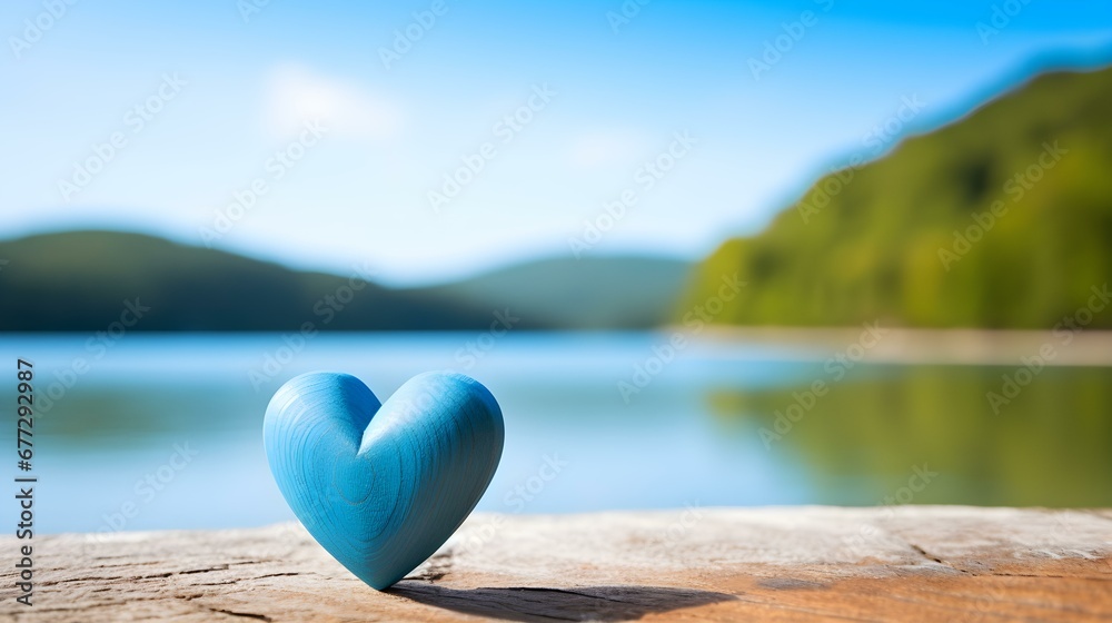 Fototapeta premium Close up of a blue wooden Heart in front of a beautiful Lake. Blurred natural Background