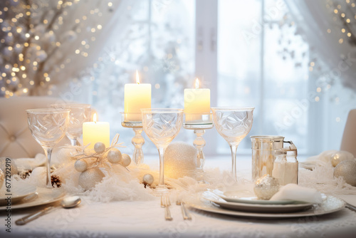 Christmas table setting with candles and white festive tableware for Christmas celebration