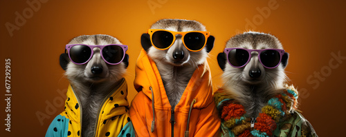 Invitation banner for a birthday party featuring a creative concept of meerkats in colorful outfits, with space for text, isolated on a solid background,