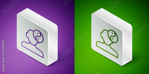 Isometric line Yin Yang symbol of harmony and balance icon isolated on purple and green background. Silver square button. Vector