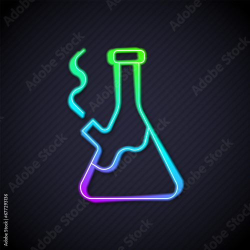 Glowing neon line Glass bong for smoking marijuana or cannabis icon isolated on black background. Vector