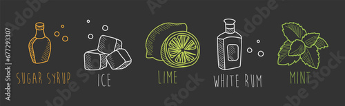 Alcoholic Mojito Cocktail Ingredients Chalk Sketch on Blackboard Background Vector Set