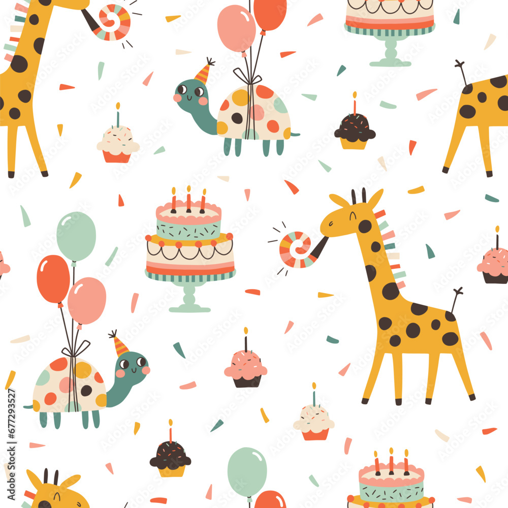 Naklejka premium Birthday seamless pattern with cute animals. Vector hand drawn cartoon illustration of festive elements and funny characters. Vintage cheerful pastel palette is perfect for gift wrapping.