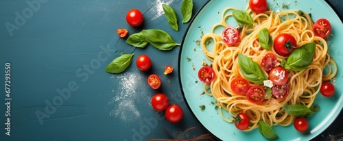 fresh spaghetti pasta, salad, light aquamarine and red