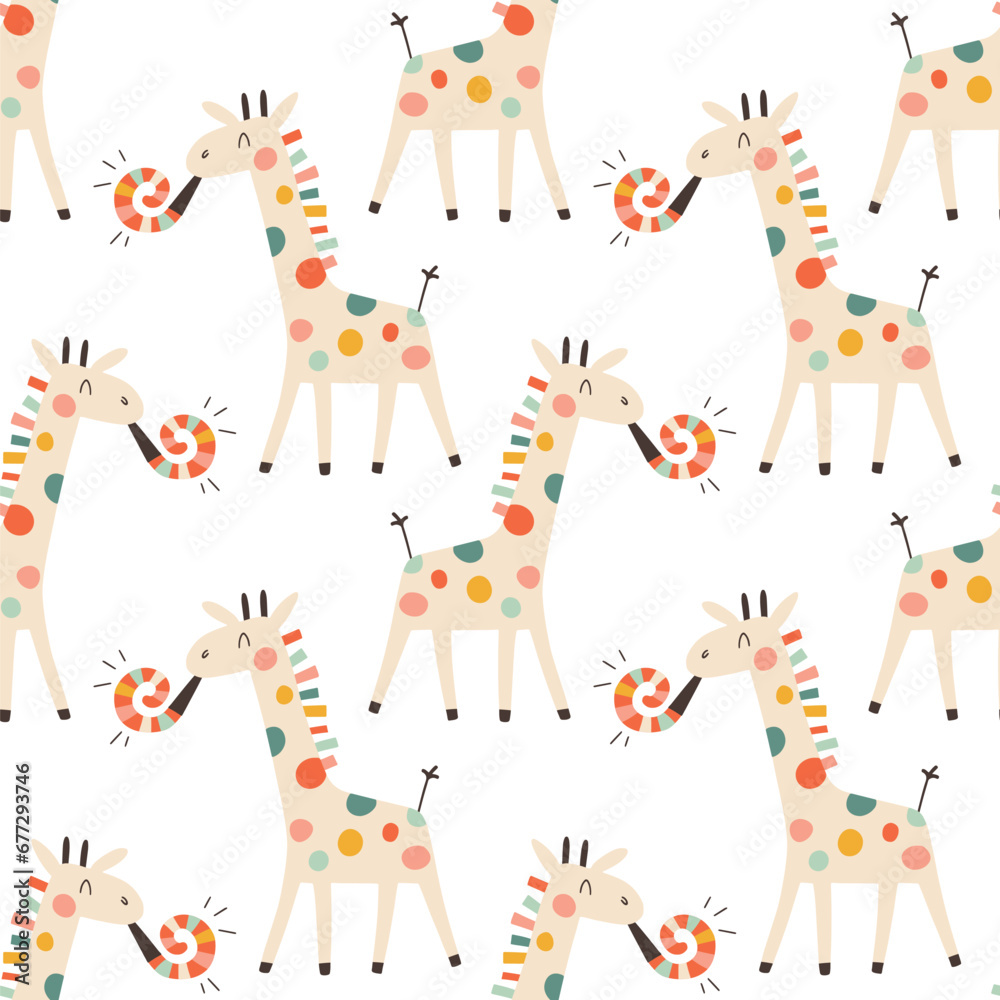 Birthday seamless pattern with cute giraffe. Vector hand drawn cartoon illustration of festive elements and funny characters. Vintage fun pastel palette is perfect for gift wrapping. - obrazy, fototapety, plakaty 