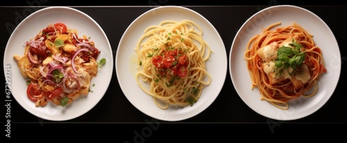 three different plates of spaghetti with sauce and different meat