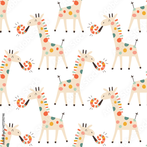 Birthday seamless pattern with cute giraffe. Vector hand drawn cartoon illustration of festive elements and funny characters. Vintage fun pastel palette is perfect for gift wrapping.