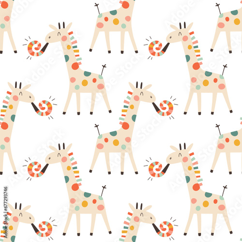 Canvas Print Birthday seamless pattern with cute giraffe