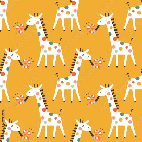 Birthday seamless pattern with cute giraffe. Vector hand drawn cartoon illustration of festive elements and funny characters. Vintage fun pastel palette is perfect for gift wrapping.