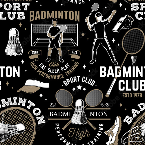 Set of badminton sport sport club seamless pattern. Vector. Sport background or wallpaper with badminton racket, sports shoe and shuttlecock silhouettes.