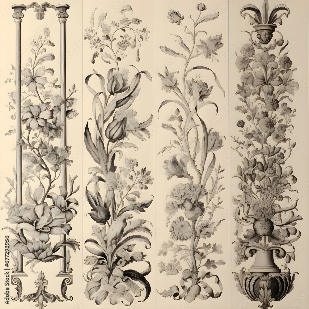 Classical baroque ornament. engraving. floral design elements.