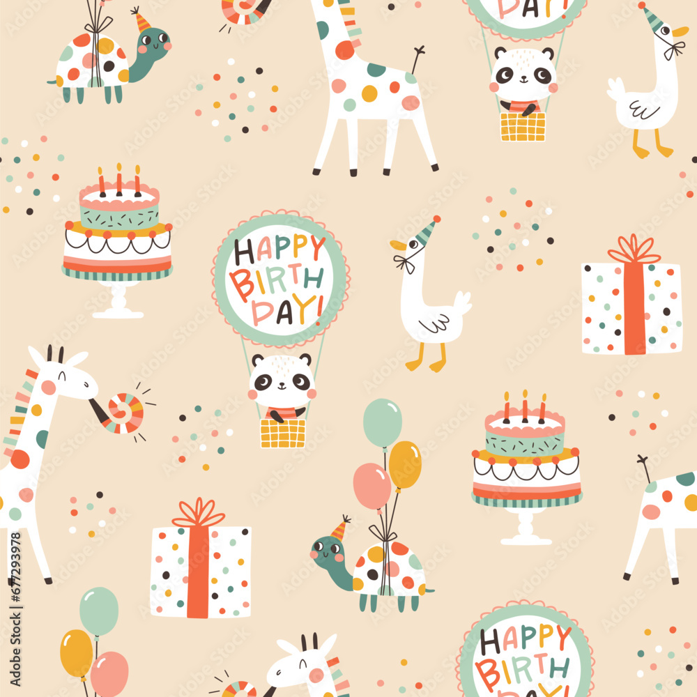 Fototapeta premium Birthday seamless pattern with cute animals. Vector hand drawn cartoon illustration of festive elements and funny characters. Vintage cheerful pastel palette is perfect for gift wrapping.