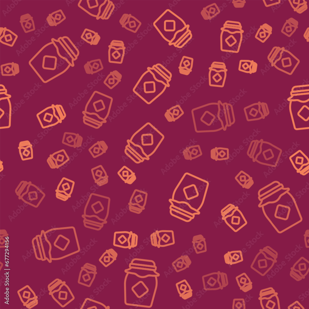 Brown line Jar of honey icon isolated seamless pattern on red background. Food bank. Sweet natural food symbol. Vector Brown line Jar of honey icon isolated seamless pattern on red background. Food bank. Sweet natural food symbol. Vector