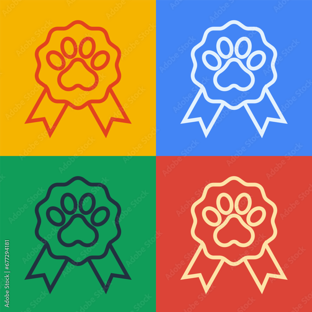 Pop art line Pet award symbol icon isolated on color background. Badge with dog or cat paw print and ribbons. Medal for animal. Vector