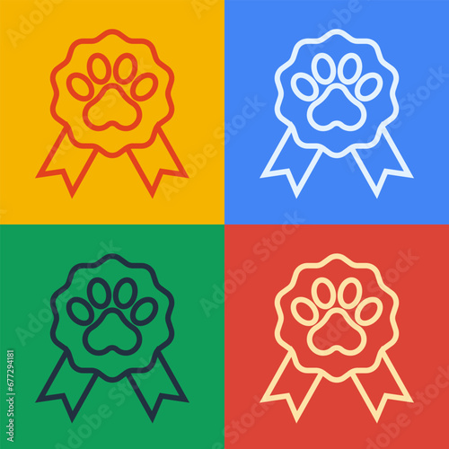 Pop art line Pet award symbol icon isolated on color background. Badge with dog or cat paw print and ribbons. Medal for animal. Vector