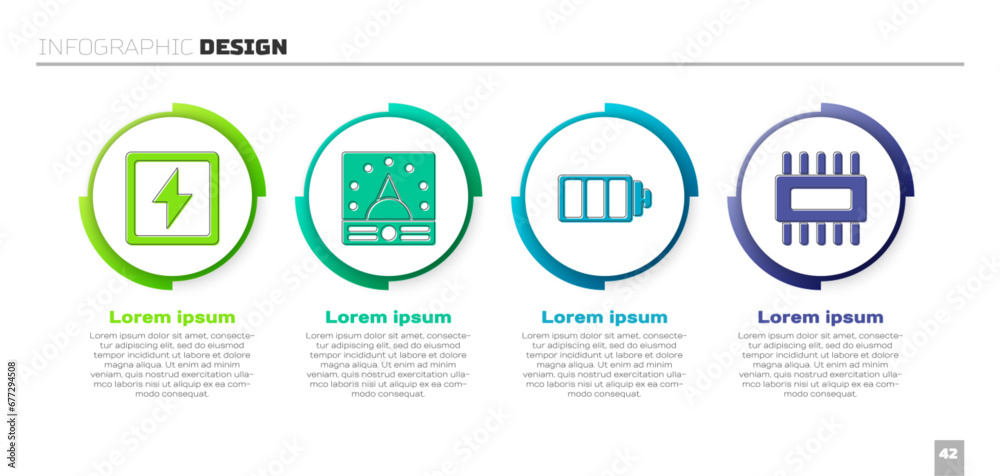 Fototapeta premium Set Lightning bolt, Ampere meter, multimeter, voltmeter, Battery charge level indicator and Processor with microcircuits CPU. Business infographic template. Vector