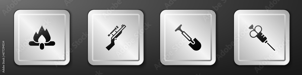 Set Campfire, Sniper rifle with scope, Shovel and Syringe icon. Silver square button. Vector Set Campfire, Sniper rifle with scope, Shovel and Syringe icon. Silver square button. Vector